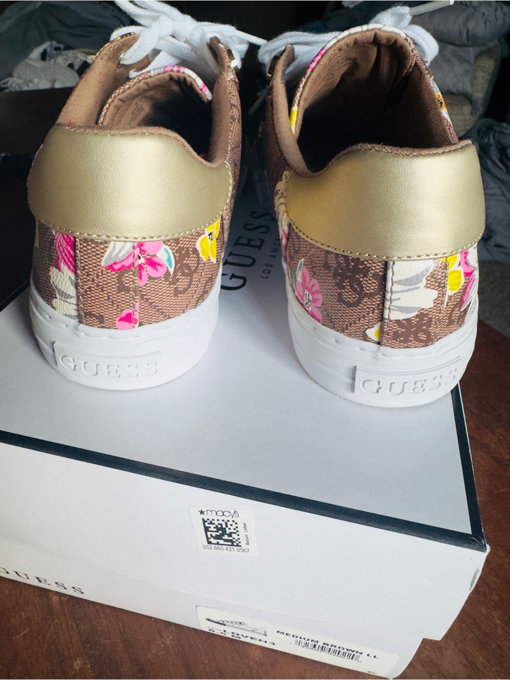 Guess Floral Logo Canvas Sneakers in Brown, White, Pink & Yellow - Picture 4 of 5